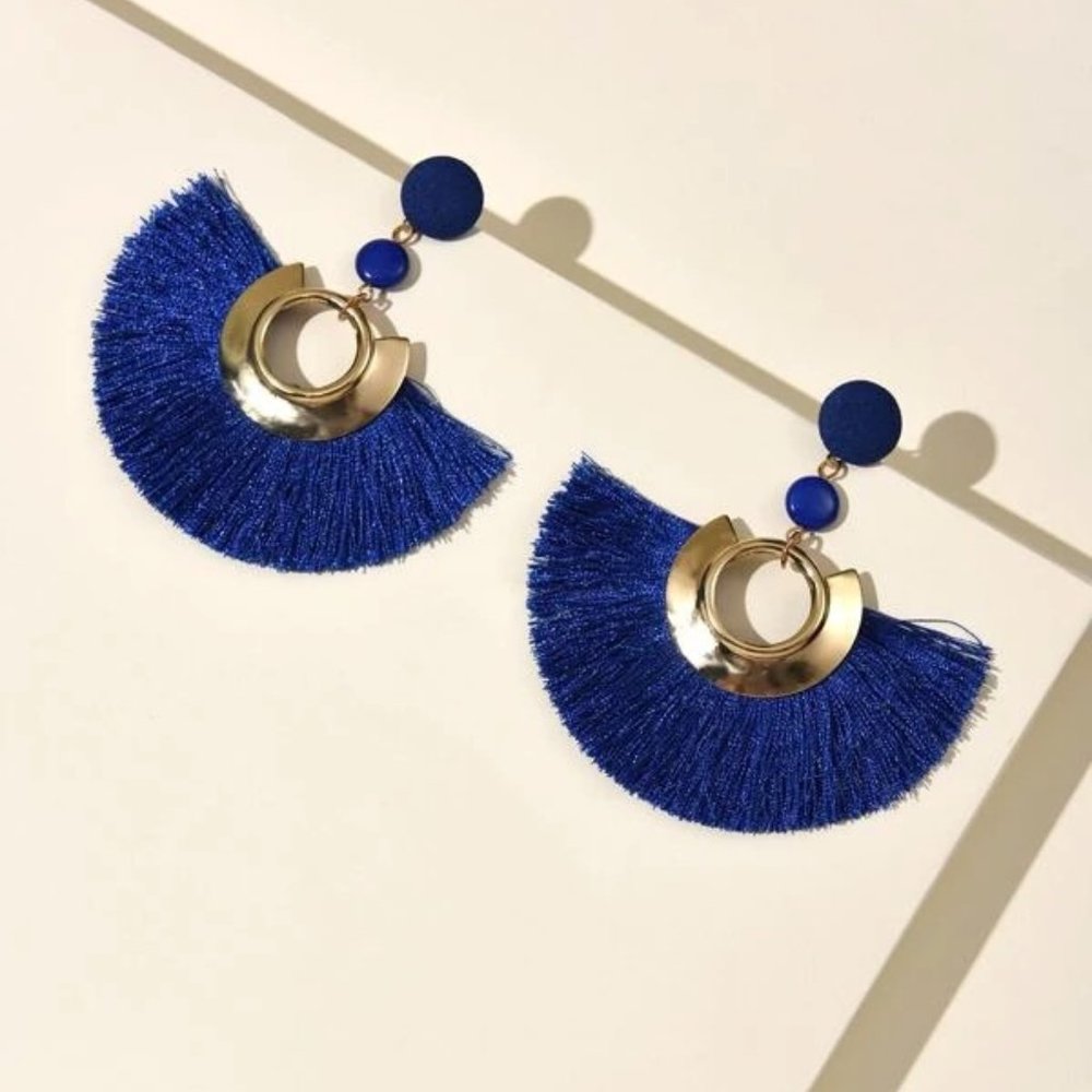 NEW Blue Gold Tassel Fringe Drop Fashion Earrings - Picture 2 of 3